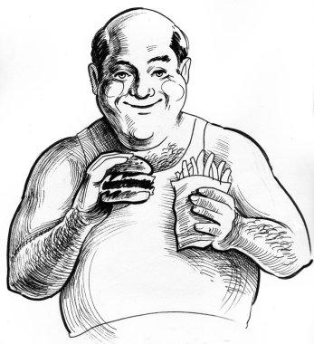 Şişman adam bir fast food yeme. Mürekkep siyah beyaz resim