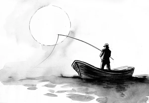 Uomo Barca Con Una Canna Pesca Inchiostro Acquerello Schizzo — Foto Stock