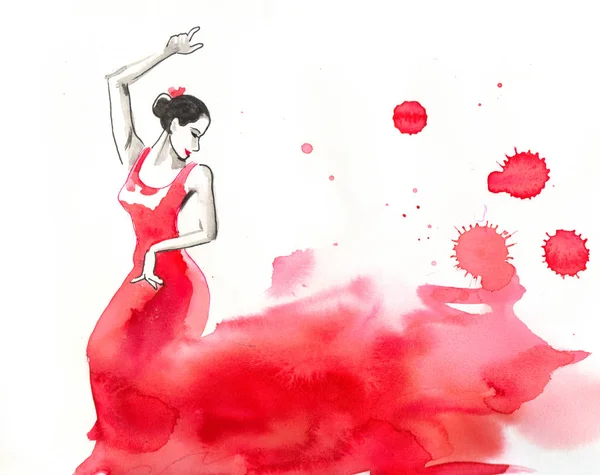 Bellissima Ballerina Flamenco Abito Rosso Inchiostro Acquerello Disegno — Foto Stock