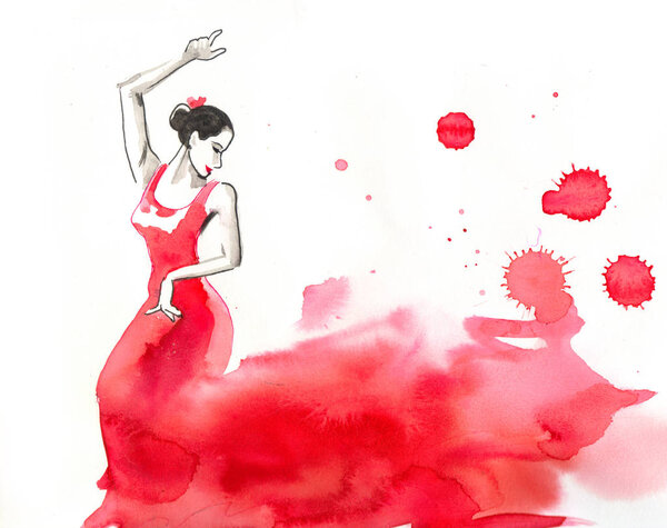 Beautiful Flamenco dancer in red dress. Ink and watercolor drawing