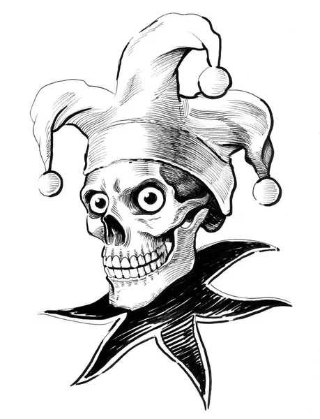 Calavera Bufón Con Sombrero Dibujo Blanco Negro Tinta —  Fotos de Stock