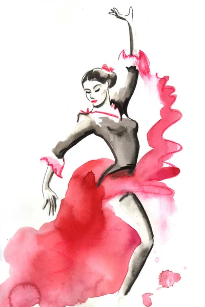 Belle Danseuse Flamenco Illustration Encre Aquarelle — Photo