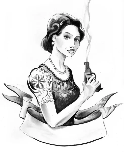 Una Chica Guapa Con Una Pistola Humeante Ilustración Tinta Acuarela — Foto de Stock
