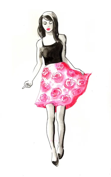 Joli Modèle Haut Noir Jupe Rose Illustration Encre Aquarelle — Photo