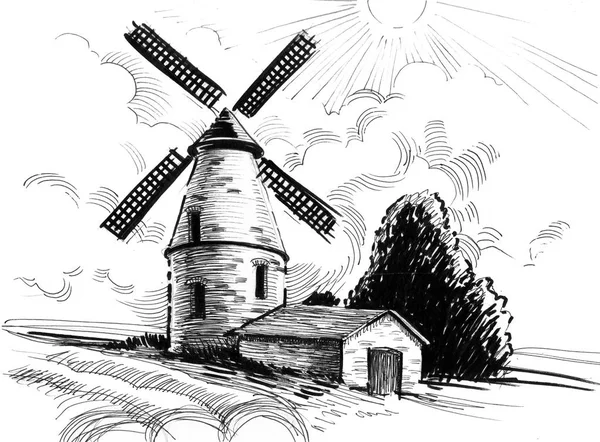 Old Mill Countryside Ink Black White Drawing — Stock Photo, Image