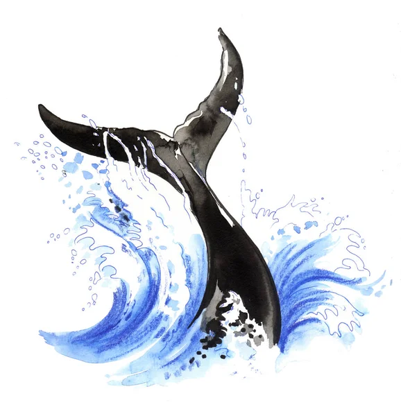 鲸鱼尾巴在海水蓝色的水中 水墨和水彩插图 — 图库照片