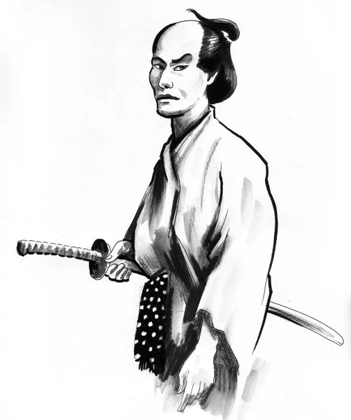 칼으로 사무라이 잉크와 수채화 일러스트 — 스톡 사진