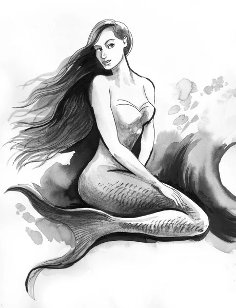 Bonito Personaje Sirena Ilustración Tinta Acuarela —  Fotos de Stock