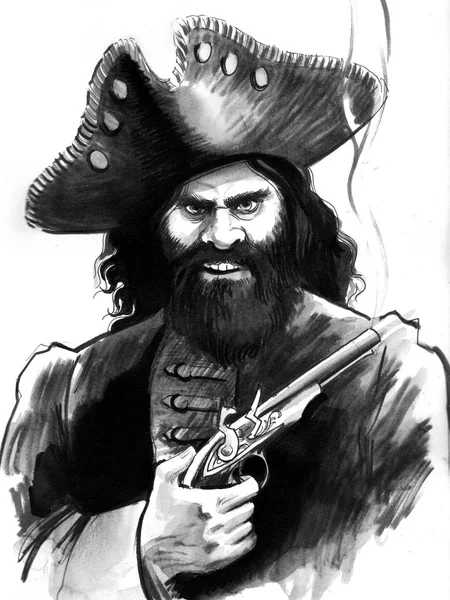 邪恶的海盗队长拿着一支冒烟的枪 水墨和水彩插图 — 图库照片
