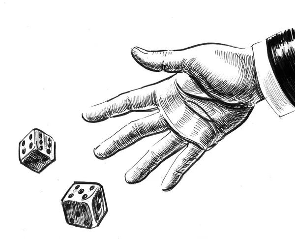 Hand throwing dice. Ink black and white illustration