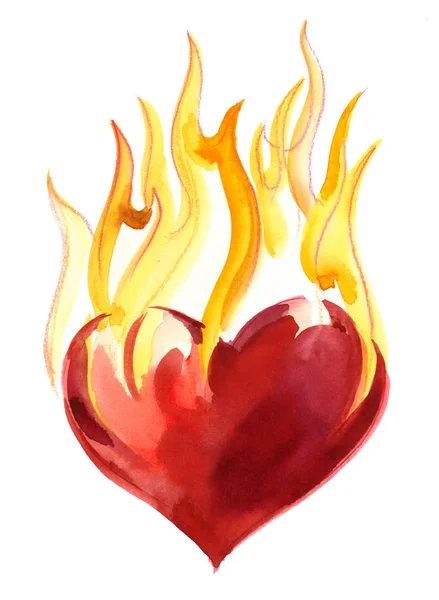 Brinnande Hjärta Akvarell Illustration — Stockfoto