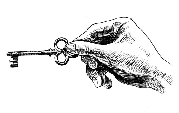 Hand Key Ink Black White Illustration — Stock Photo, Image
