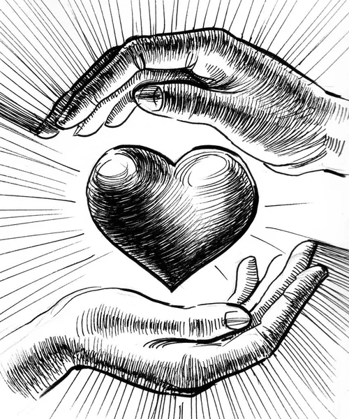 Ruce Zářící Srdce Inkoustové Černobílé Ilustrace — Stock fotografie