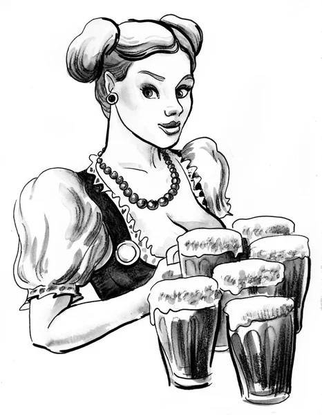 Uma Mulher Alemã Bonita Com Canecas Cerveja Tinta Aquarela Ilustração — Fotografia de Stock