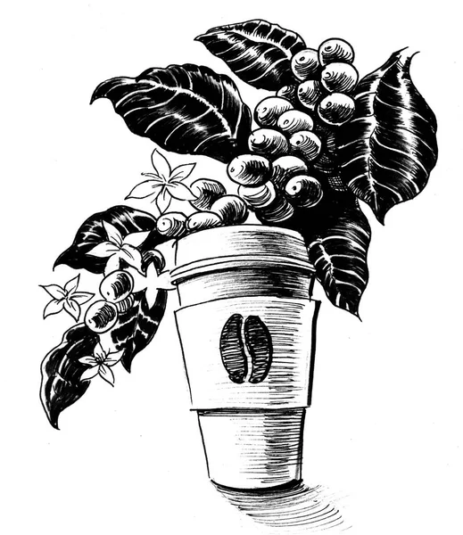 咖啡杯和咖啡植物 墨迹黑白绘图 — 图库照片