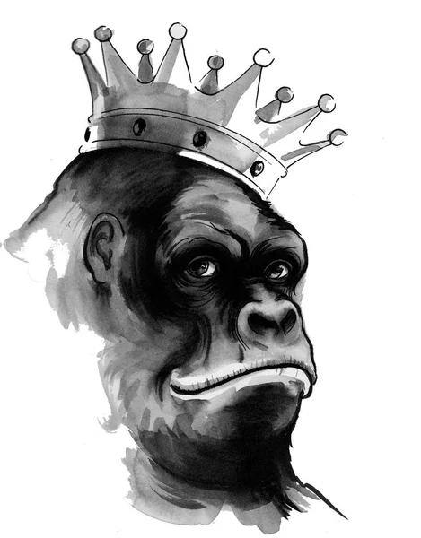 Black Serious Gorilla Ape Crown Ink Watercolor Illustration — Stock Photo, Image