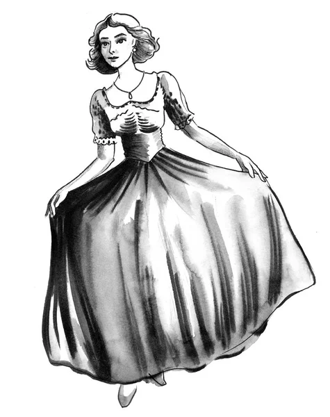 漂亮的女孩在古典礼服 水墨和水彩插图 — 图库照片