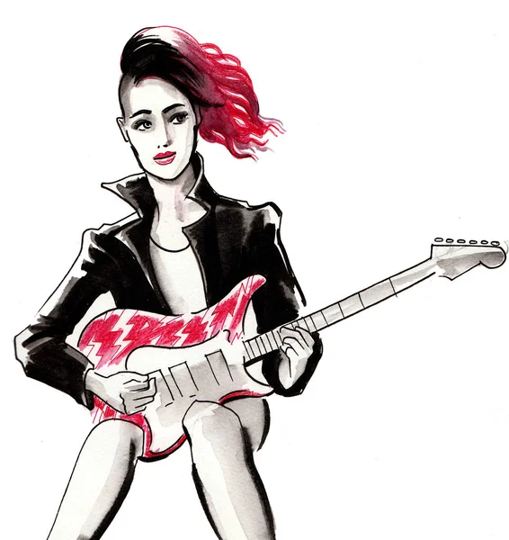 Punková Dívka Elektrickou Kytarou Tuš Akvarel Ilustrace — Stock fotografie