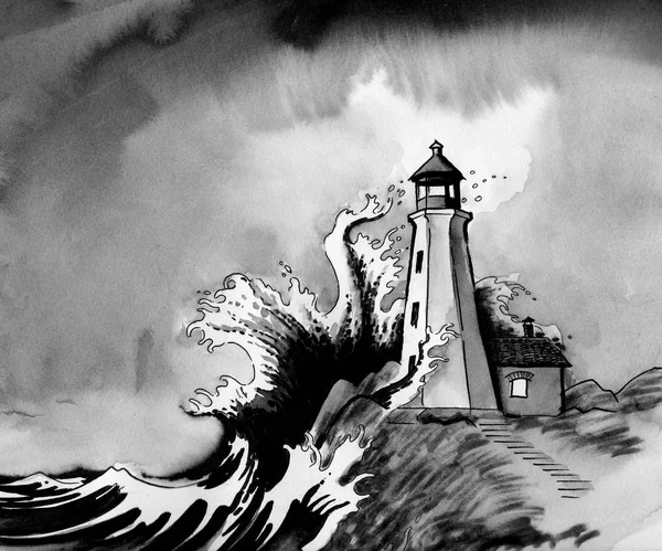 Lighthouse Rock Stormy Sea Ink Watercolor Illustration — Stock Photo, Image