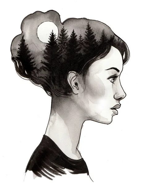 Szomorú Lány Egy Hold Erdő Tinta Akvarell Illusztráció — Stock Fotó