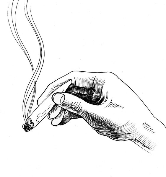 Hand with a smoking marijuana joint. Ink black and white illustration