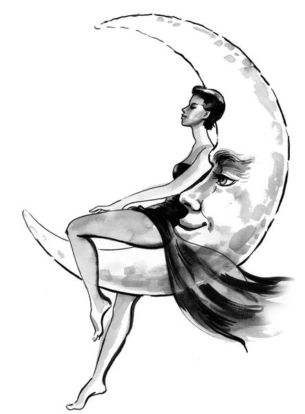 Bonita Mujer Sentada Luna Ilustración Tinta Acuarela — Foto de Stock