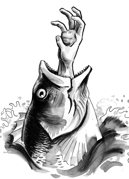魚の口の中の手します インクの黒と白のイラスト — ストック写真