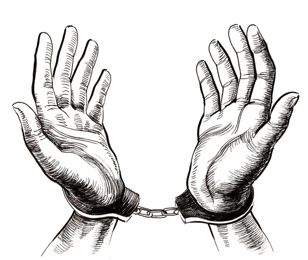 Ręce Kajdankach Czarno Biały Rysunek Tuszem — Zdjęcie stockowe