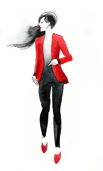 Skica Akvarel Módní Hezká Modelu Černé Kalhoty Bunda Červená — Stock fotografie