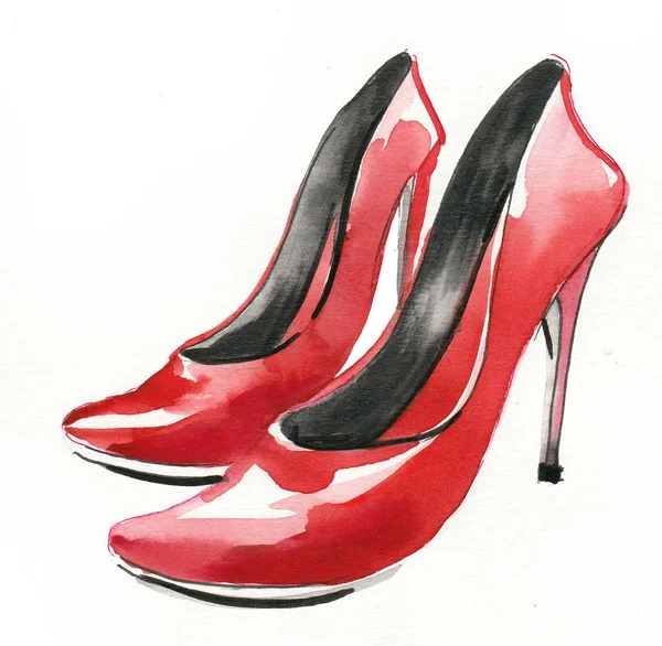 Pintura Acuarela Zapatos Tacón Alto Femeninos Rojos Sobre Fondo Blanco — Foto de Stock