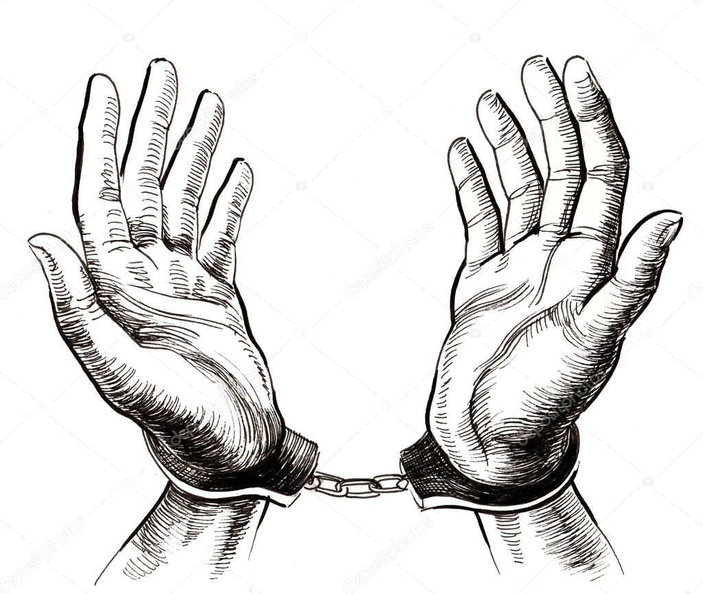 Hands in handcuffs. Ink black and white drawing