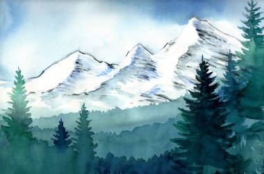 Bir dağ manzarası ve ağaçlar suluboya resim