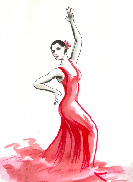 Όμορφη Χορεύτρια Φλαμένκο Κόκκινο Φόρεμα Εικονογράφηση Μελανιού Και Ακουαρέλας — Φωτογραφία Αρχείου