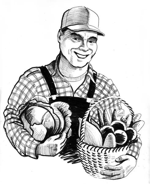 Χαρούμενος Χαμογελαστός Αγρότης Μια Σοδειά Λαχανικών Εικονογράφηση Μαύρου Και Λευκού — Φωτογραφία Αρχείου