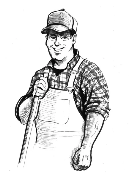 Happy Smiling Farmer Ink Black White Illustration — Stock Photo, Image