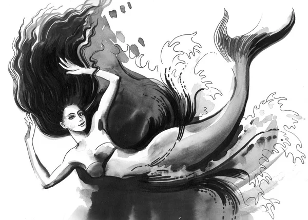 Sirena Nadadora Ilustración Tinta Acuarela —  Fotos de Stock