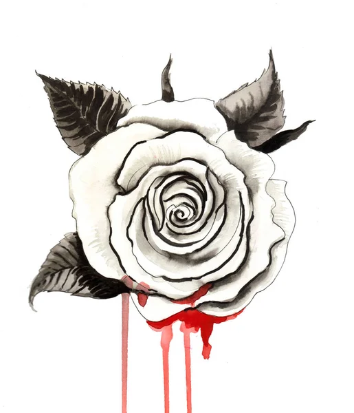 White Bleeding Rose Ink Watercolor Illustration — Stock Photo, Image