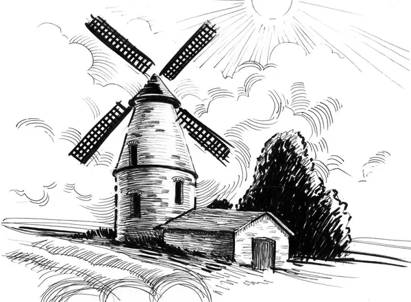 Molino Casa Ilustración Blanco Negro Tinta — Foto de Stock