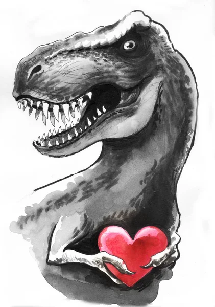 T-Rex with a red heart. Ink and watercolor illustration