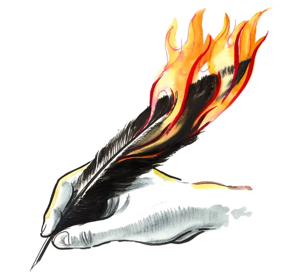 Hand Met Een Brandende Quill Inkt Aquarel Illustratie — Stockfoto