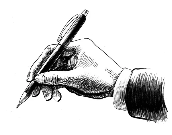 Рука Пишет Ручкой Чернила Черно Белые — стоковое фото