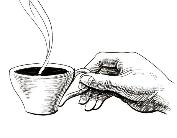 Hand Hot Cup Tea Ink Black White Drawing — Stock Photo, Image