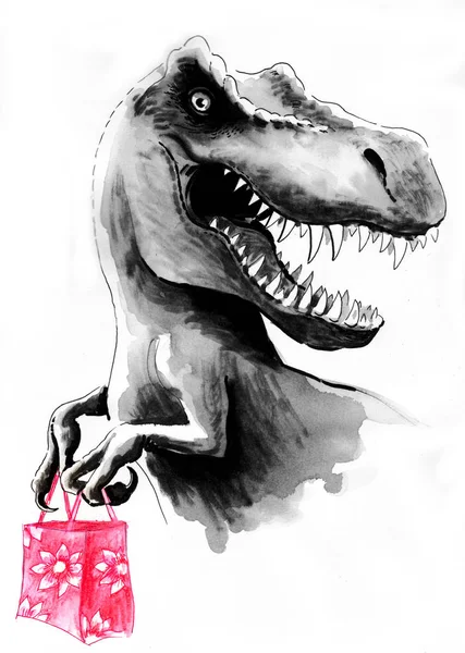 Tyrannosaurus Rex Shopping Bag Ink Watercolor Illustration — Stock Photo, Image