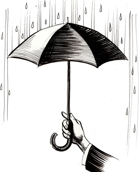 Hand with umbrella in the rain. Ink black and white drawing