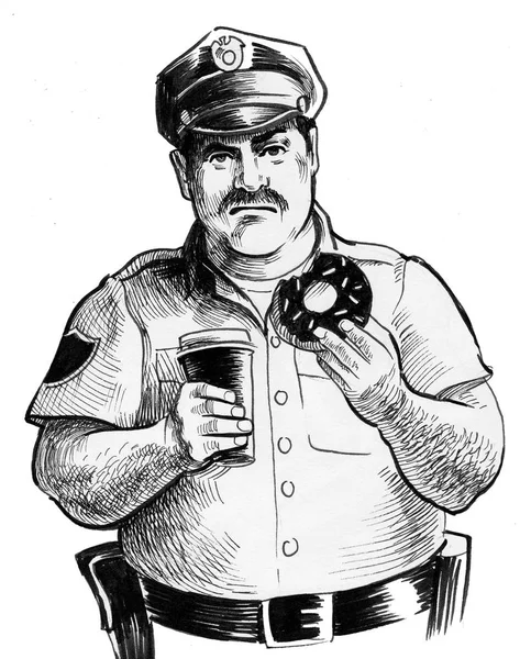 Cop Karakter Met Een Kopje Koffie Ringdiagrammen Inkt Zwart Wit — Stockfoto