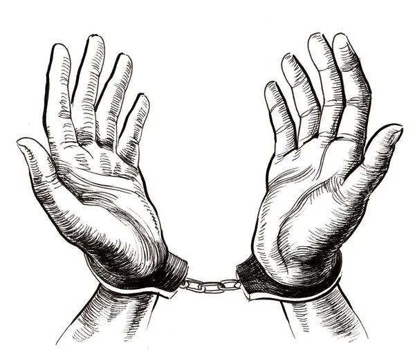 Hands Handcuffs Ink Black White Drawing — Stock Photo, Image