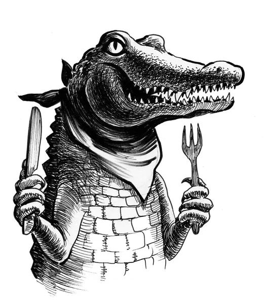 Hungry alligator with knife and fork. Ink black and white drawing