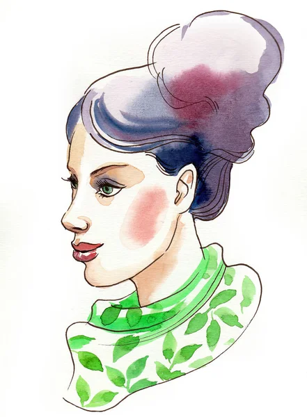 一个美丽的女性与紫色的头发和绿色的围巾墨水和水彩肖像 — 图库照片
