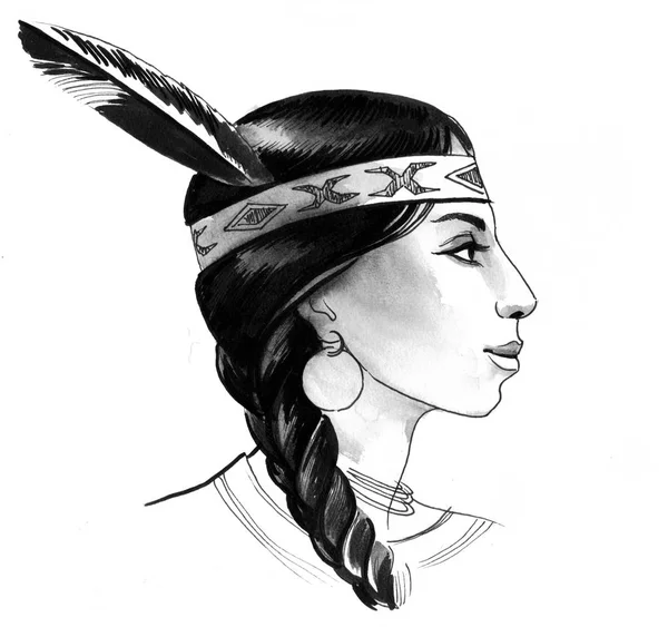 Native American Beauty Tuszu Akwareli Rysunku — Zdjęcie stockowe