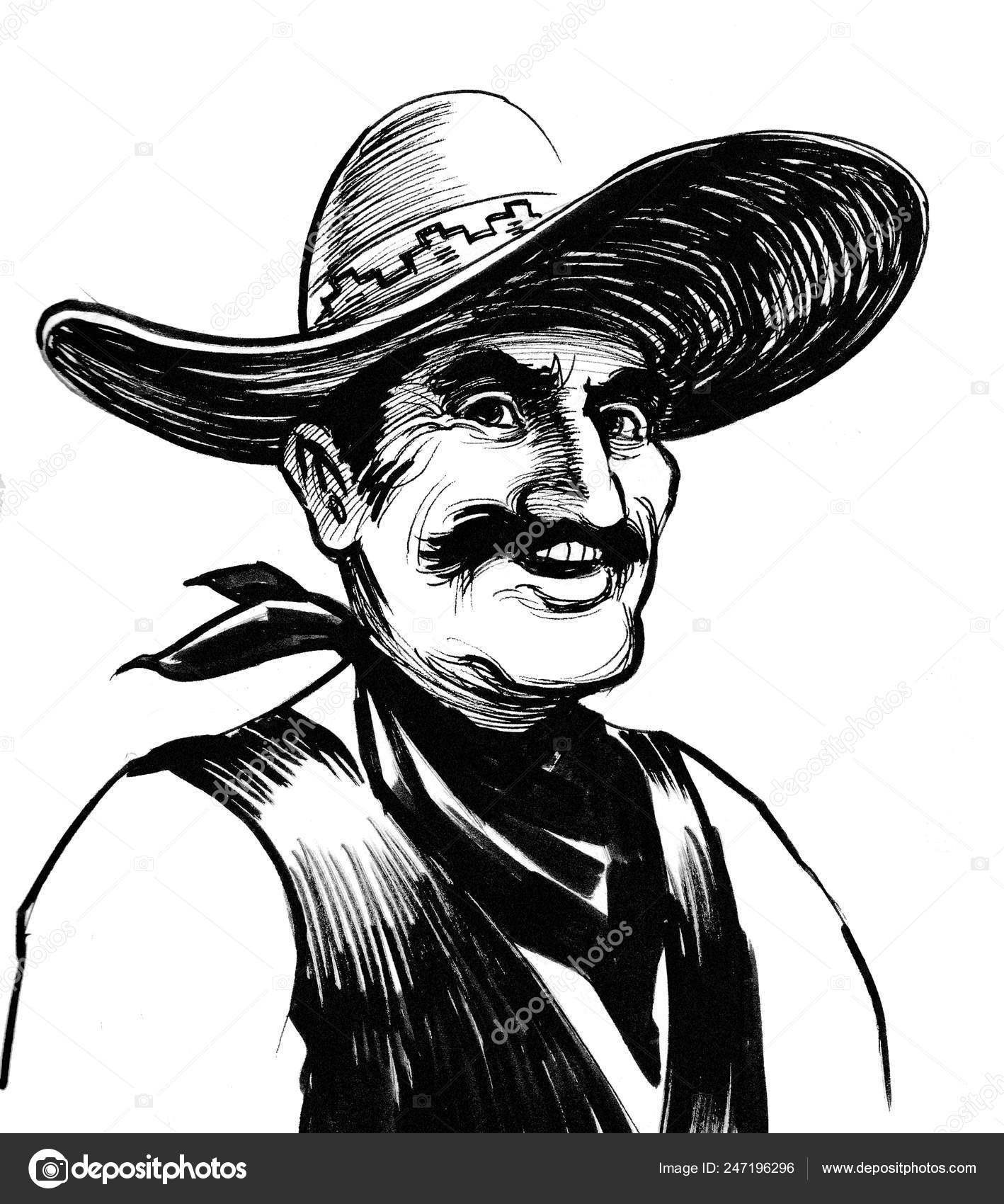Fermier Mexicain Chapeau Sombrero Encre Dessin Noir Blanc — Illustration de  stock par ©alexblacksea - 247196296, image size:1418x1700